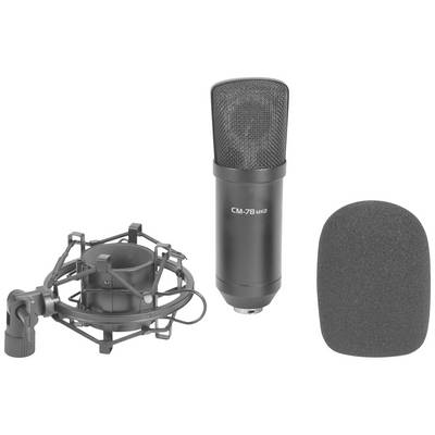 Un microphone portant l'inscription 'CM-78 MKII', un support élastique de microphone et un pare-brise noir.