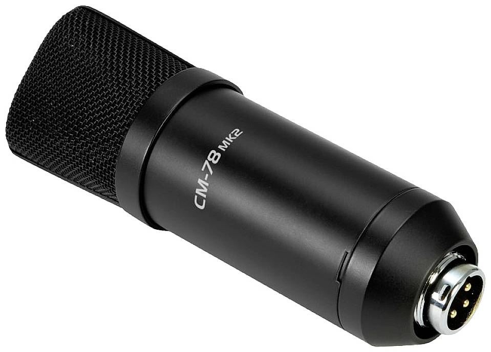 Un microphone noir portant l'inscription 'CM-78 MK2', photographié en angle latéral.