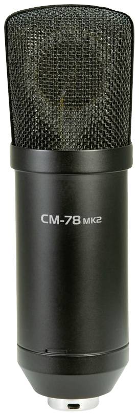 Microphone à condensateur noir portant l'inscription 'CM-78 MK2' sur son boîtier. Adapté pour les enregistrements en studio et en direct.