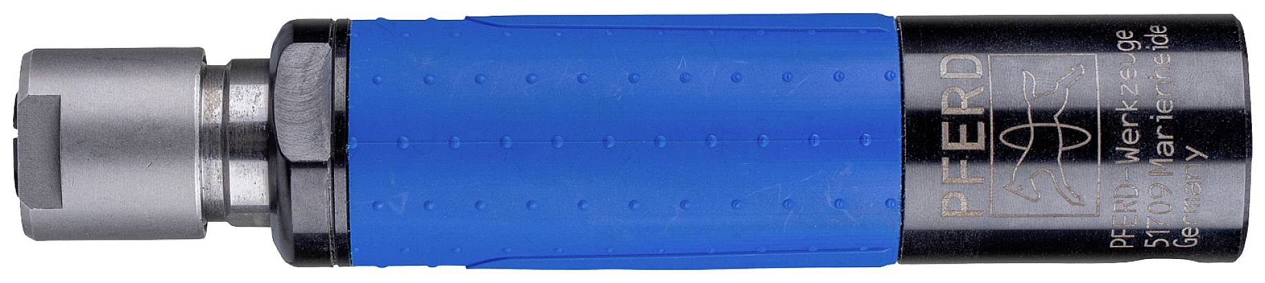 Un adaptateur de forage bleu et noir avec des marquages et des étiquettes, orienté horizontalement.