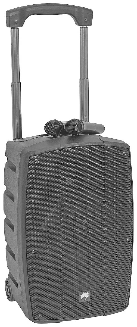 Haut-parleur portable doté de deux microphones sur le dessus, idéal pour la sonorisation mobile et les applications audio flexibles.