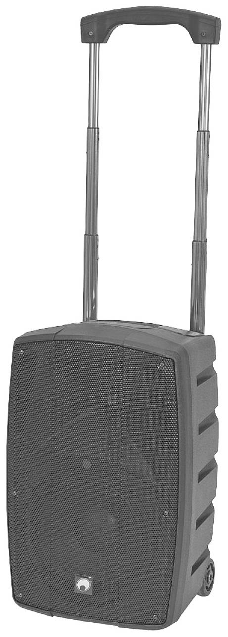 Enceinte portable sur roues avec poignée télescopique, adaptée aux événements mobiles ou aux fêtes en extérieur.