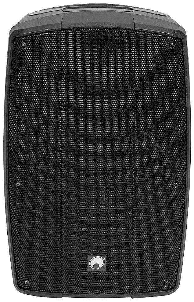 Un haut-parleur noir avec une grille de protection, spécialement conçu pour l'extérieur.