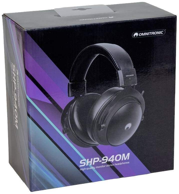 Emballage de casque audio portant l'inscription 'OMNITRONIC SHP-940M', montrant une image du casque sur un fond sombre et coloré.