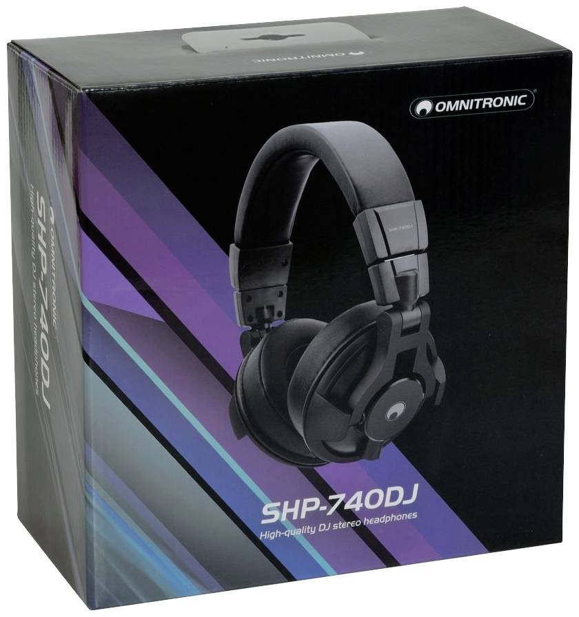 Emballage de casque audio portant l'inscription 'OMNITRONIC SHP-740DJ'. Le design présente une image du casque et des graphiques de couleurs lilas et bleu.