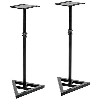 Deux supports d'enceintes noirs avec base triangulaire et colonnes réglables en hauteur. Idéaux pour le positionnement des haut-parleurs.