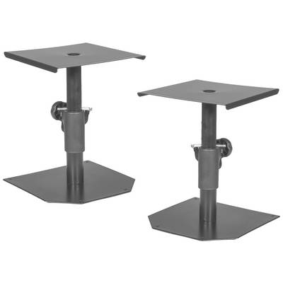 Deux supports métalliques noirs avec des plateformes carrées et des mécanismes de réglage en hauteur. Ils reposent sur des bases hexagonales.