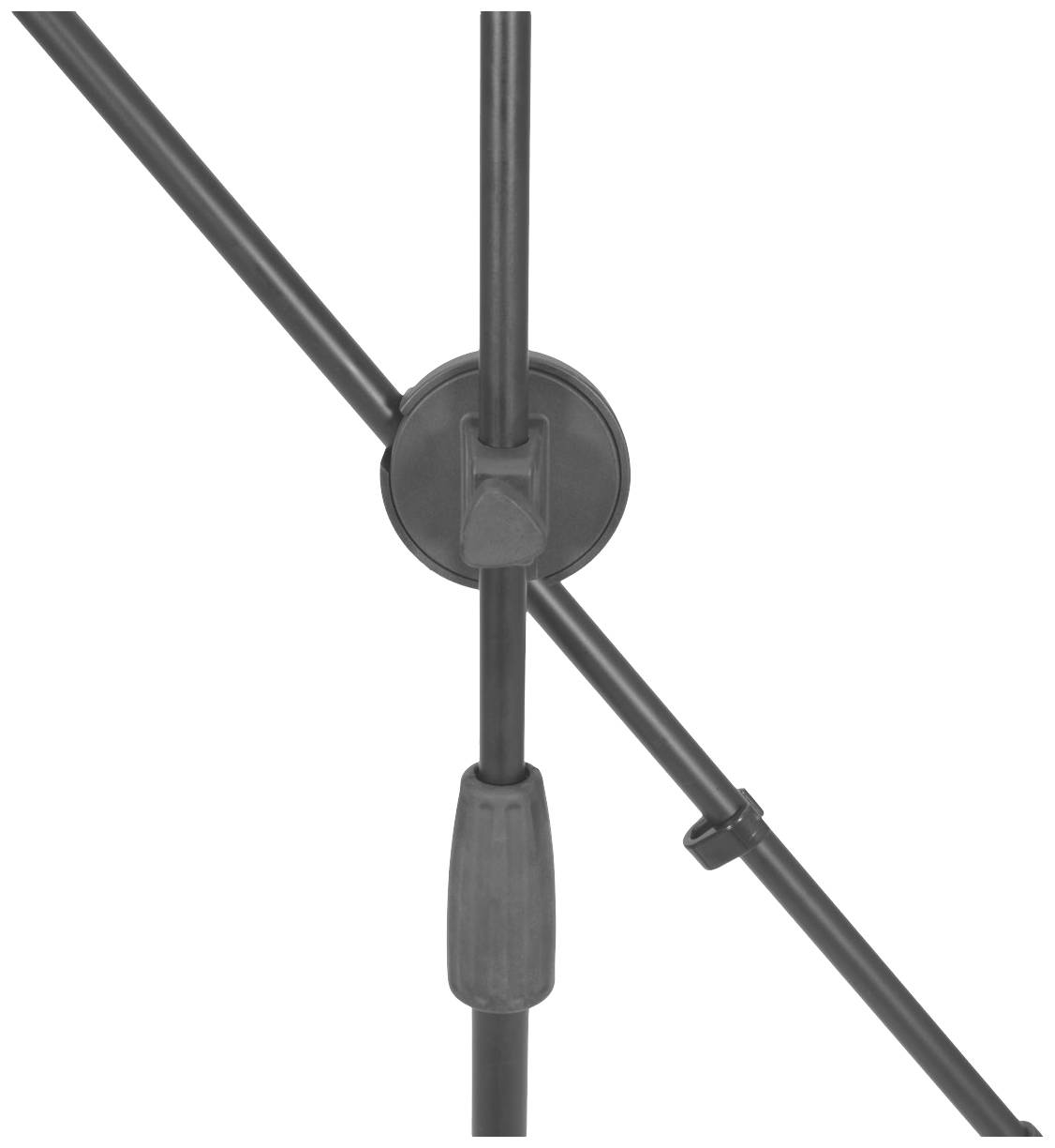 Un trépied avec des jambes réglables et un bouton rotatif pour l'ajustement de la hauteur. Il est disposé selon un angle diagonal.