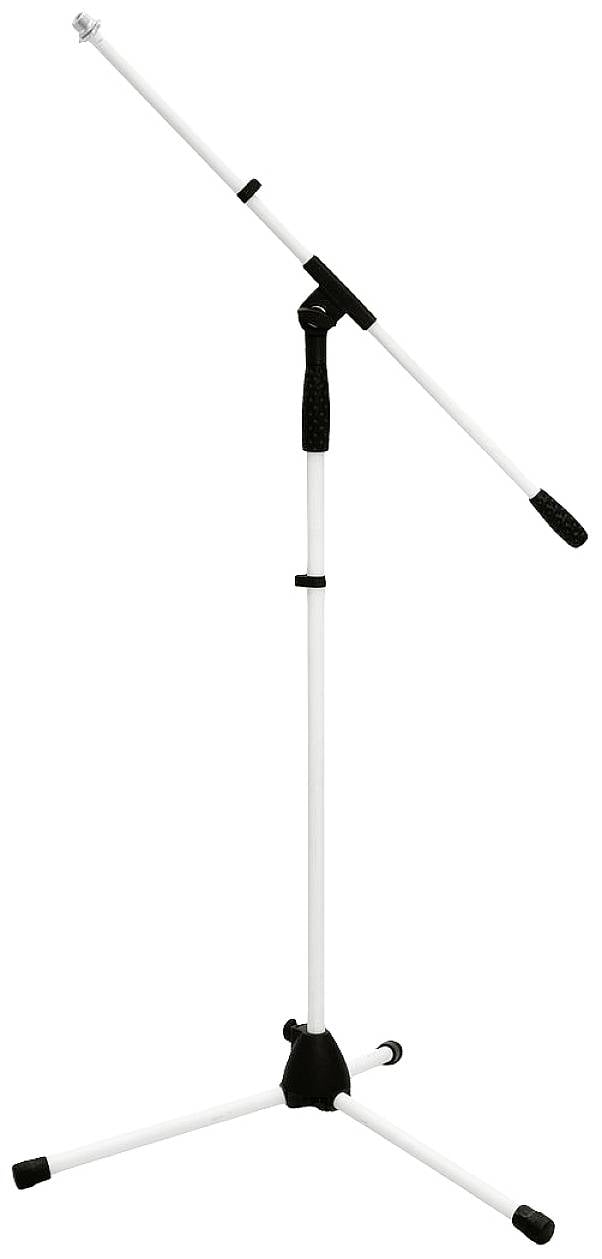 Support de microphone blanc, réglable, avec trois pieds sur un fond blanc.