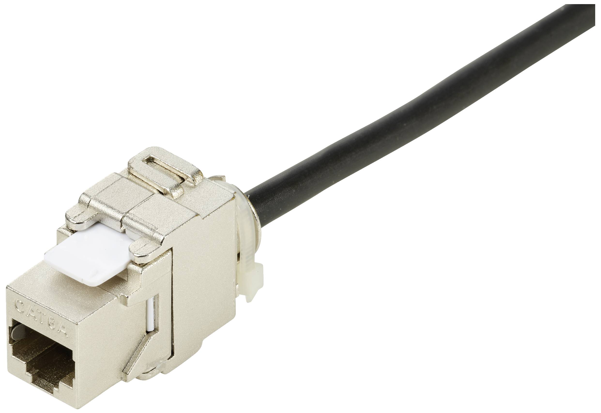 Un câble réseau noir avec une fiche RJ45, connecté à un boîtier métallique, est posé sur un fond blanc.