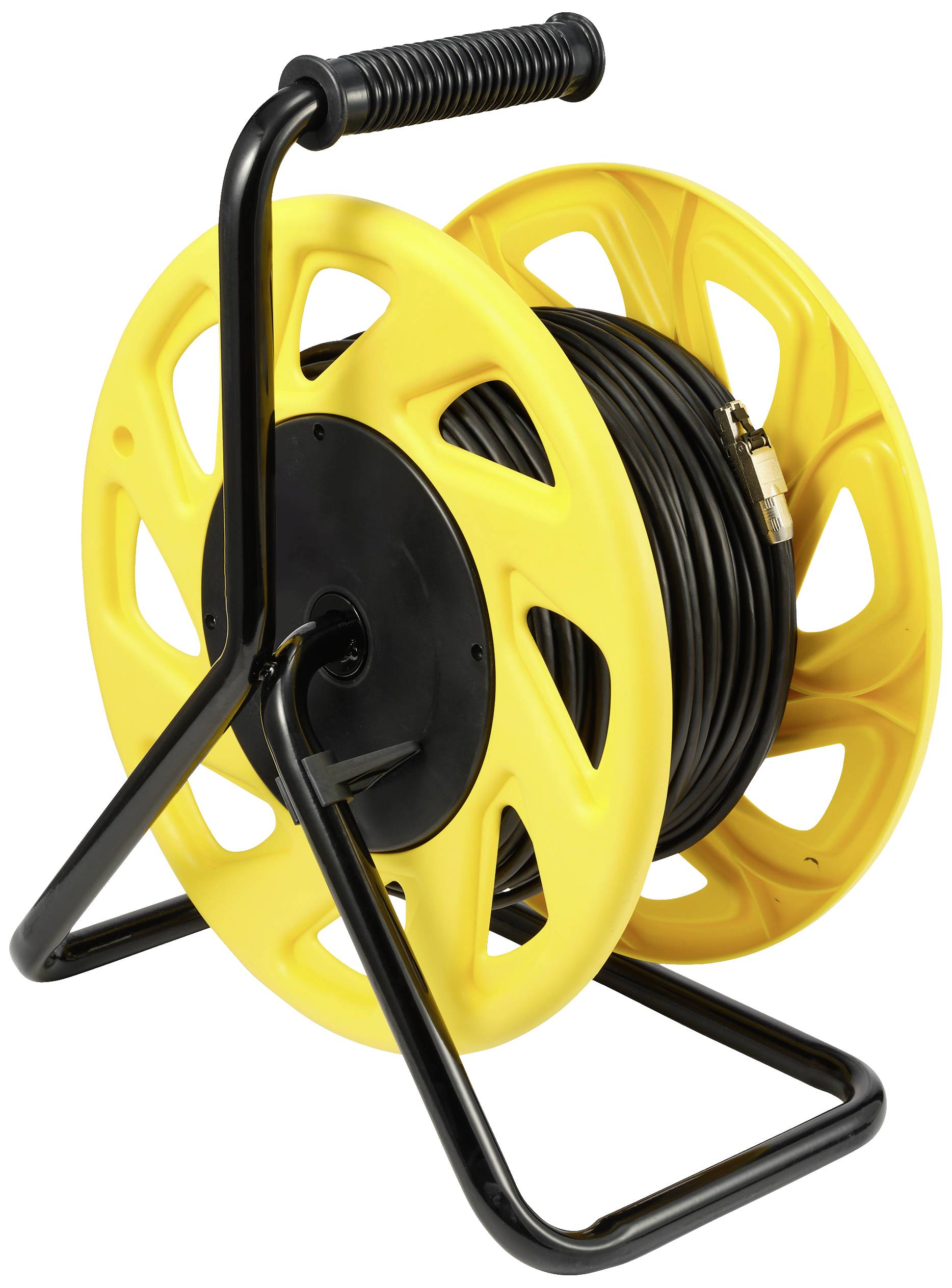 Une bobine de câble jaune en plastique avec un câble noir, montée sur un châssis métallique.