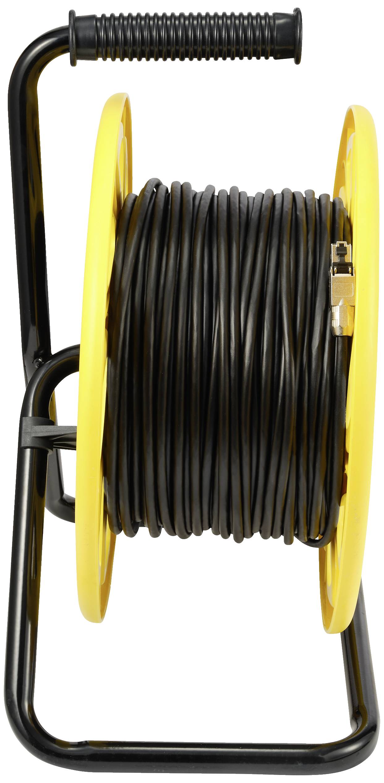 Bobine de câble jaune avec un câble noir soigneusement enroulé et un cadre métallique noir.