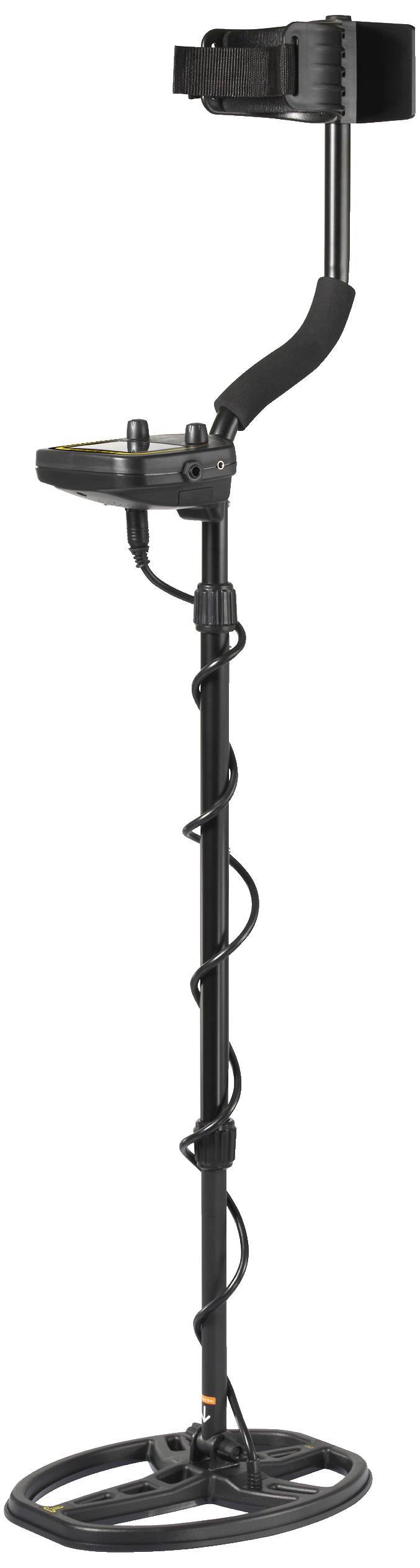 Détecteur de métaux de couleur noire avec une poignée ergonomique et une tige réglable, adapté à la recherche de trésors en extérieur.
