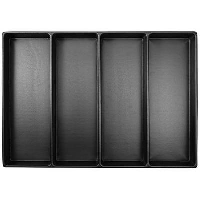 Plateau noir, rectangulaire, avec quatre compartiments de taille égale alignés en rangée.