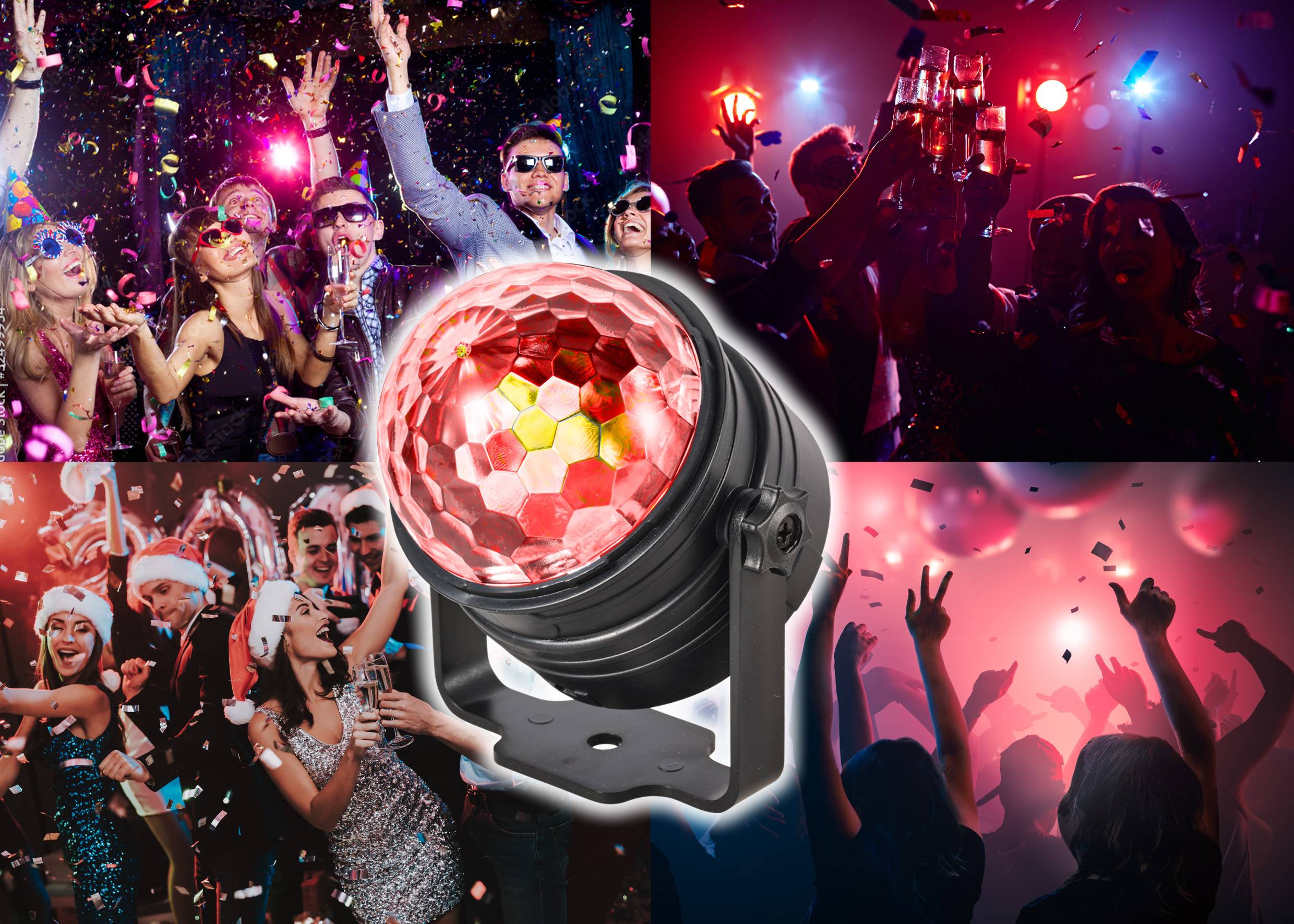 Plusieurs personnes dansent et font la fête dans un club avec des lumières colorées et des confettis. Au premier plan, on voit une lampe de fête lumineuse rouge.