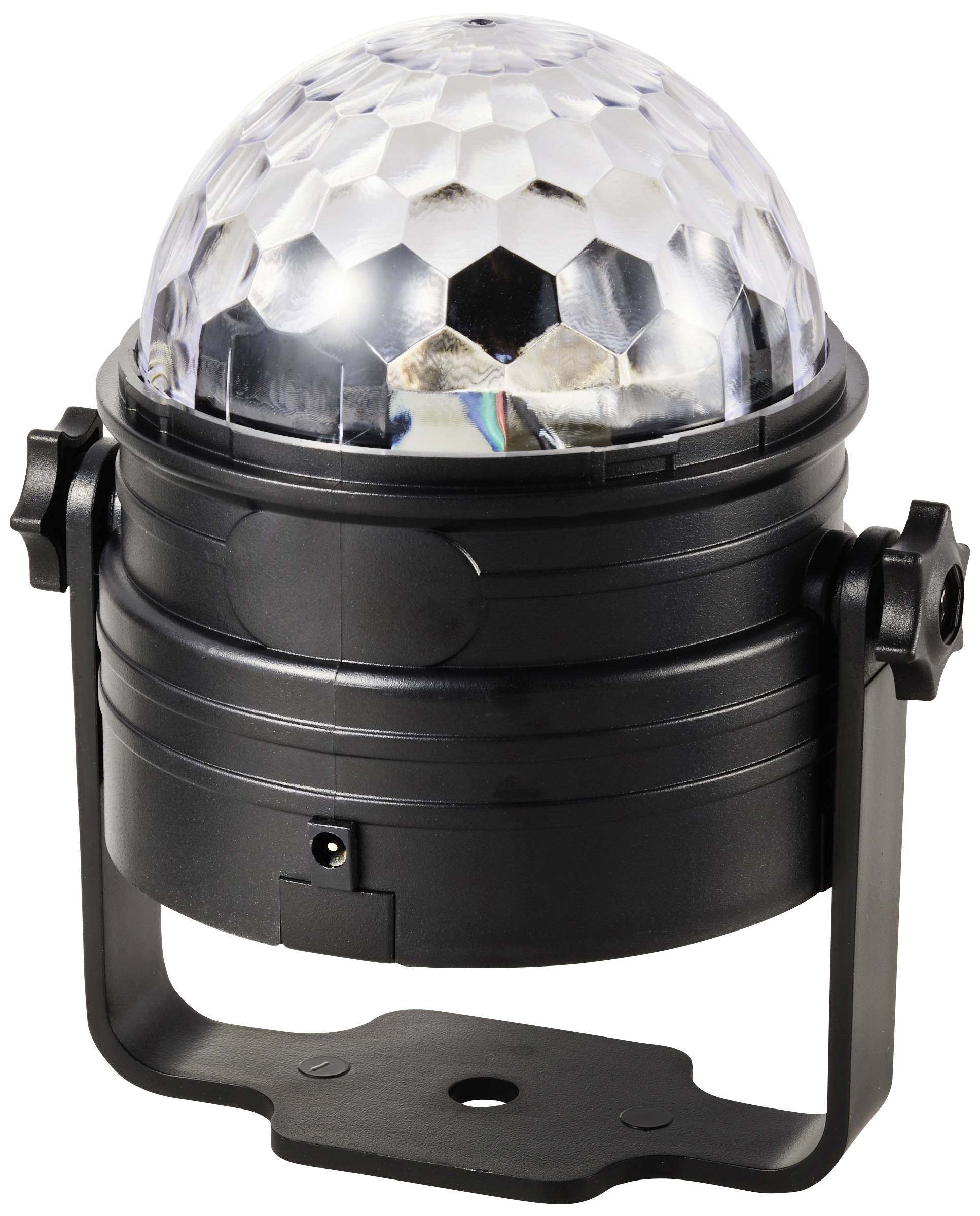 'Lumière de disco noire, sphérique, avec un dôme transparent à facettes, montée sur un support réglable.'