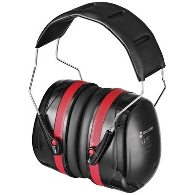 Protège-oreilles noirs avec des accents rouges, arceau de tête rembourré, adapté à la réduction du bruit dans les environnements bruyants.