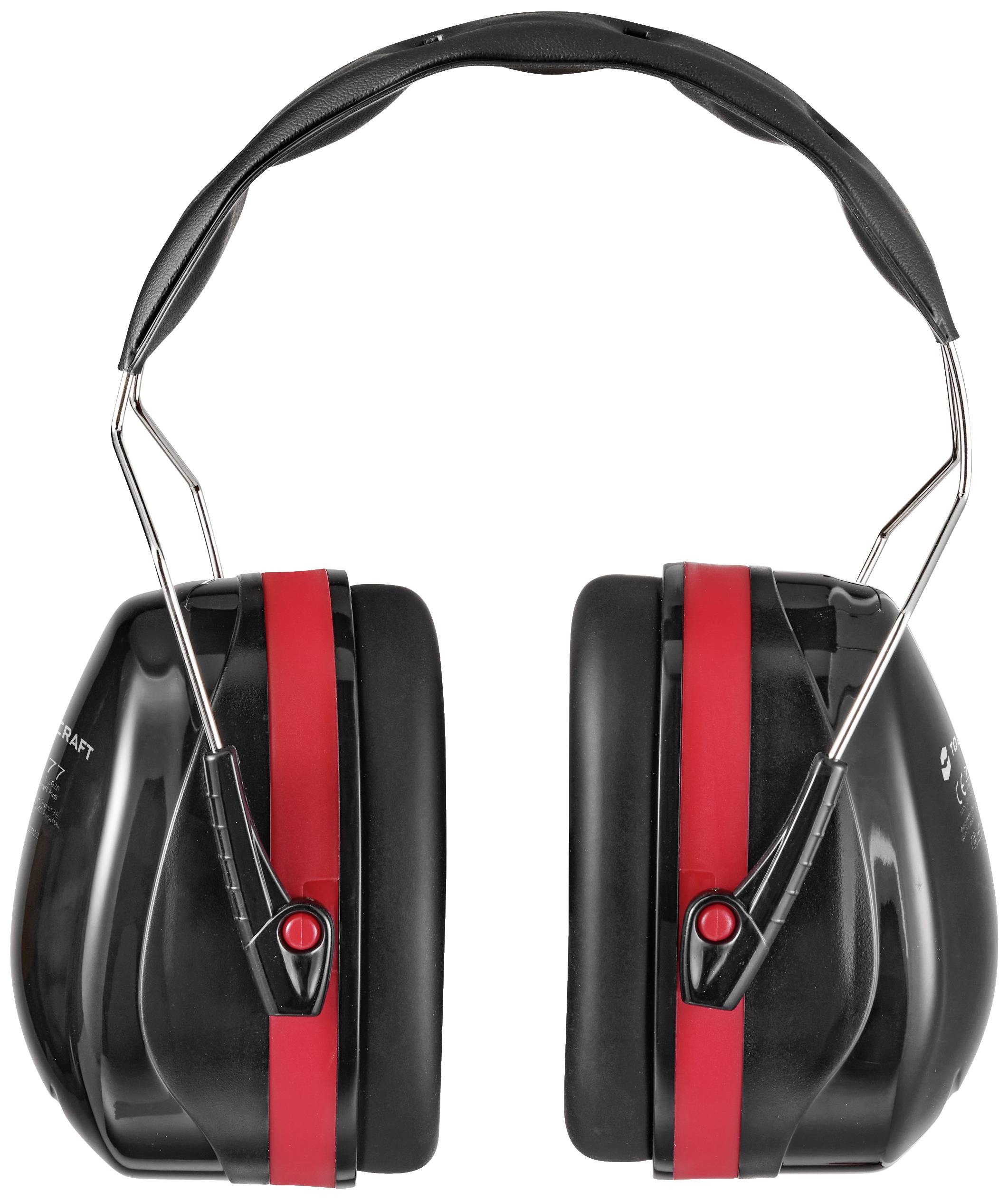 Des écouteurs de protection auditive noir et rouge avec arceau métallique, conçus pour protéger contre le bruit.