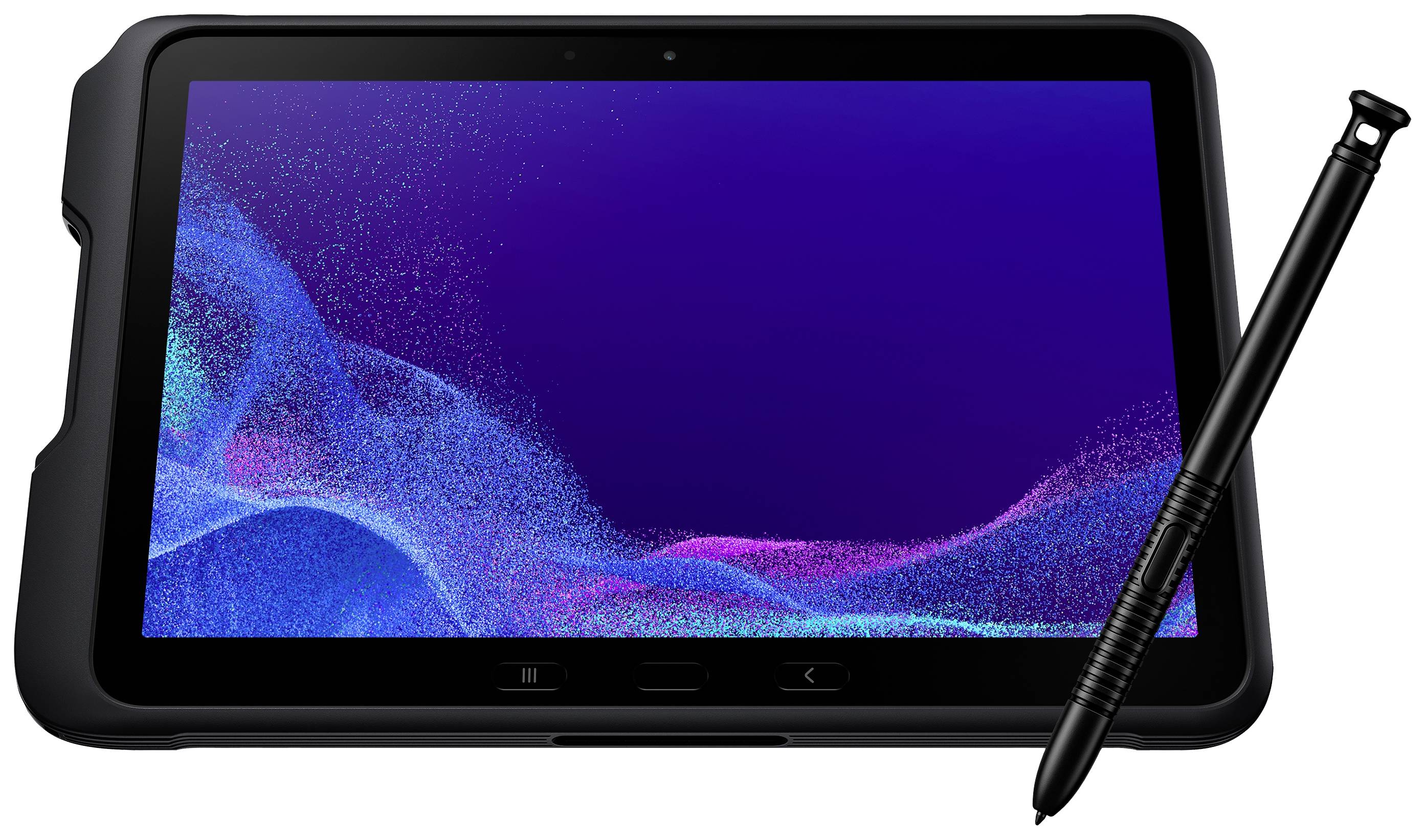 Une tablette noire avec un stylet amovible. Sur l'écran, on peut voir des vagues colorées et abstraites sur un fond bleu foncé.