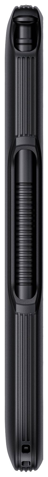 Un composant technique noir, élancé, avec une partie centrale rainurée et des bords arrondis.