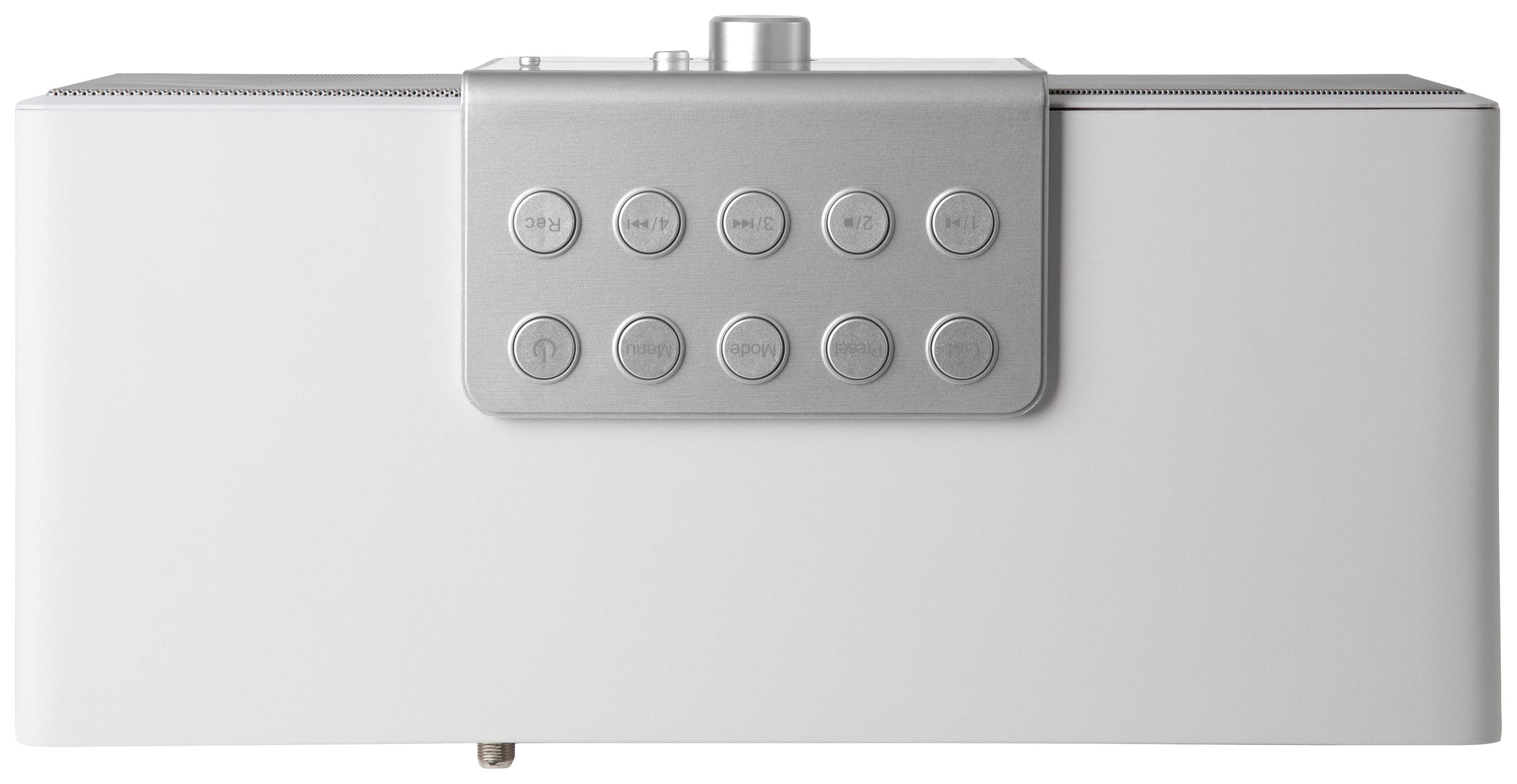 Appareil électrique rectangulaire doté d'une surface de commande métallique sur le dessus, comprenant plusieurs touches circulaires.