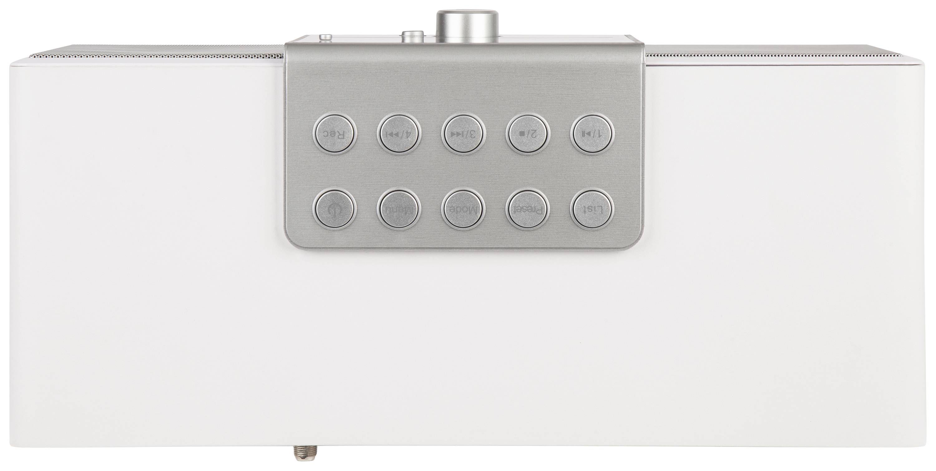 Un appareil électronique blanc avec un panneau gris et plusieurs boutons de commande. En haut, une grande touche ronde.