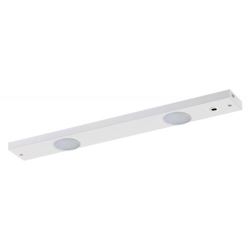 Un luminaire linéaire blanc avec deux surfaces lumineuses circulaires et un interrupteur noir sur un côté.