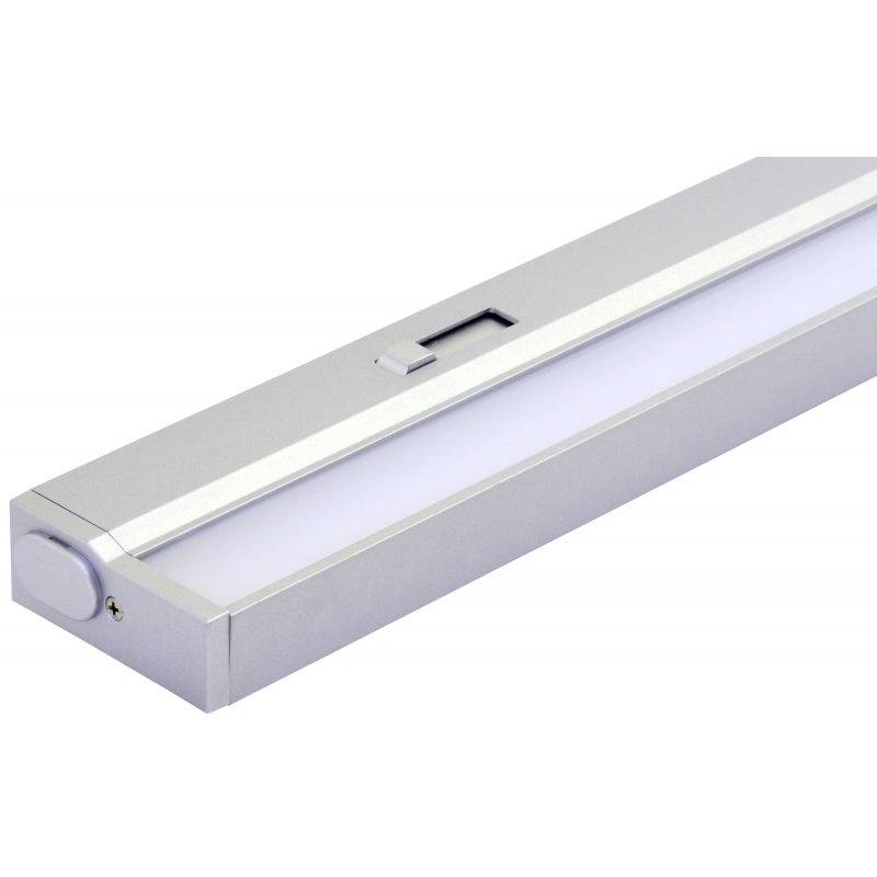 Réglette LED avec boîtier argenté et interrupteur, adaptée à une installation sous les meubles de cuisine.