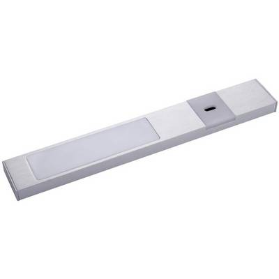Bande lumineuse LED rectangulaire en métal avec un panneau lumineux central et un détecteur de mouvement sur la droite. Adaptée pour les placards.