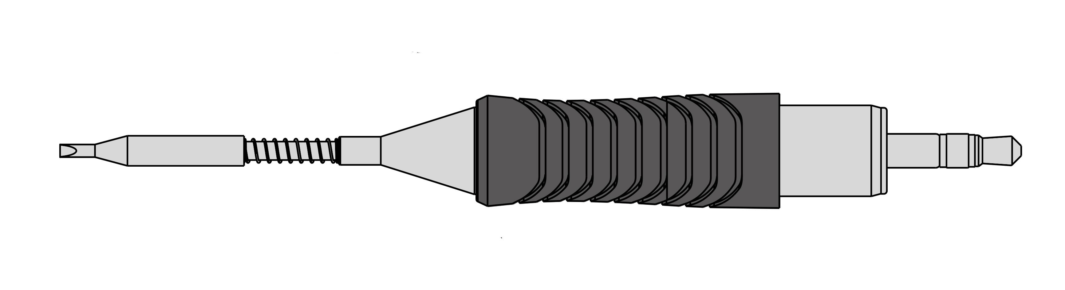 Dessin en noir et blanc d'une prise jack audio avec une poignée striée et deux parties de connecteur différentes à ses extrémités.
