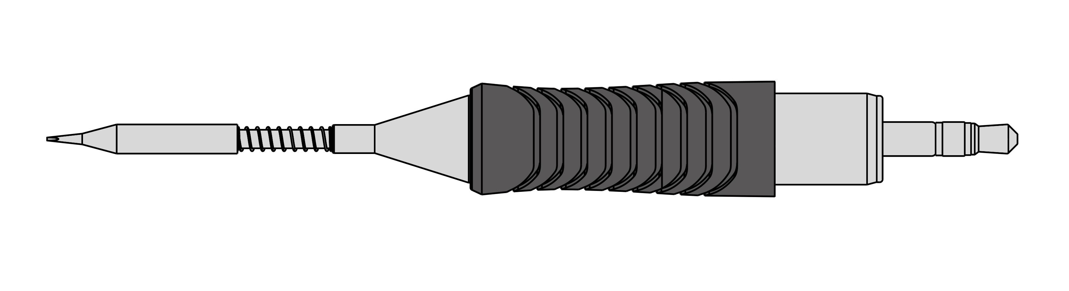 Un dessin technique d'un connecteur électrique avec une zone de préhension ondulée, une pointe et une extrémité de branchement.