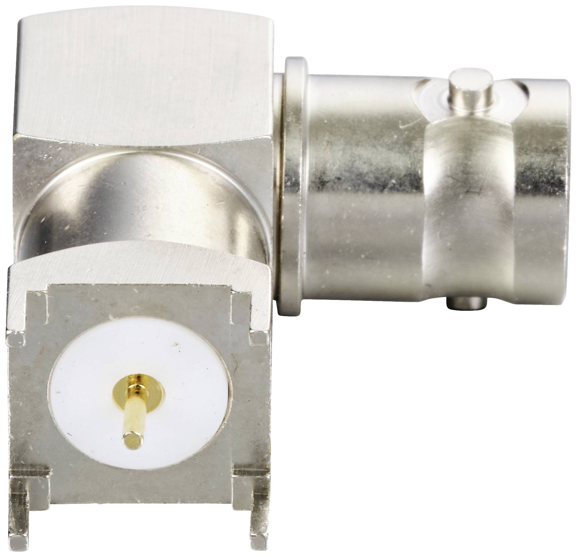 Un connecteur coaxial RF métallique, pris de côté, avec un raccordement doré au centre, utilisé pour la transmission de signaux.