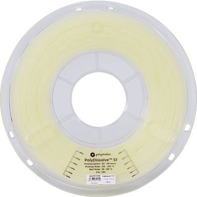 Une bobine de filament PolyDissolve S1 pour imprimante 3D. L'étiquette indique les températures recommandées d'impression et de lit chauffant.