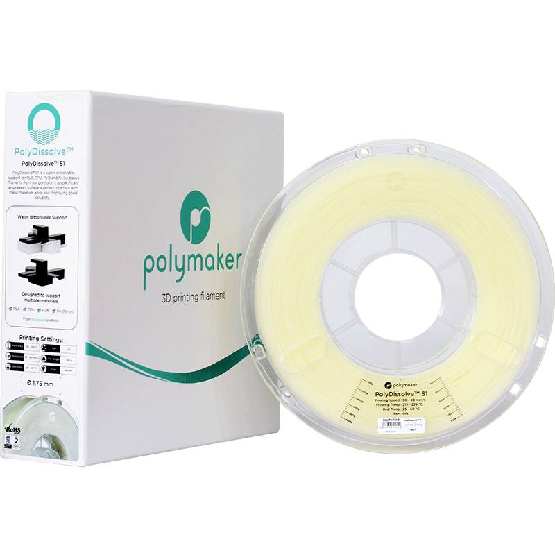 Un emballage et une bobine de filament d'impression 3D de Polymaker. Le filament est étiqueté comme hydrosoluble, idéal pour les structures de support.