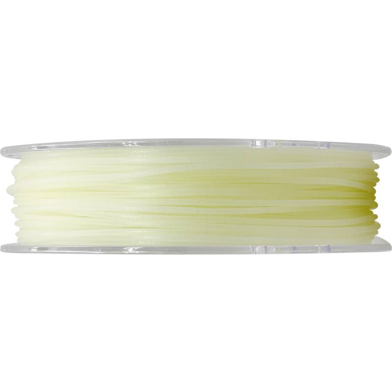 Bobine de filament jaune pour imprimante 3D, dans un support en plastique transparent, vue de côté.