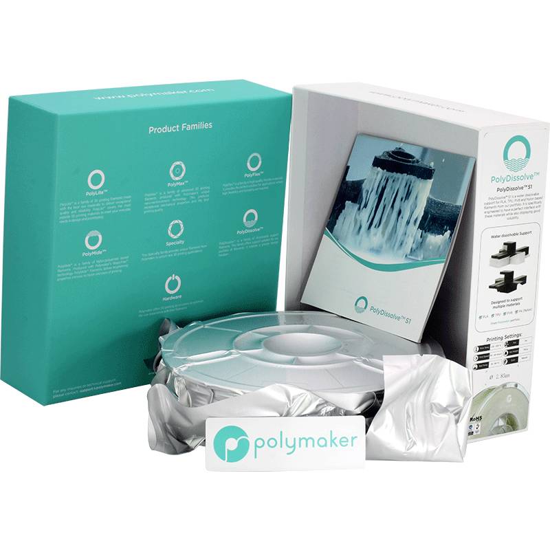 Une boîte de PolyDissolve S1 de Polymaker. Contient un bobineau de filament pour imprimante 3D. L'emballage présente des informations sur le produit et des images.