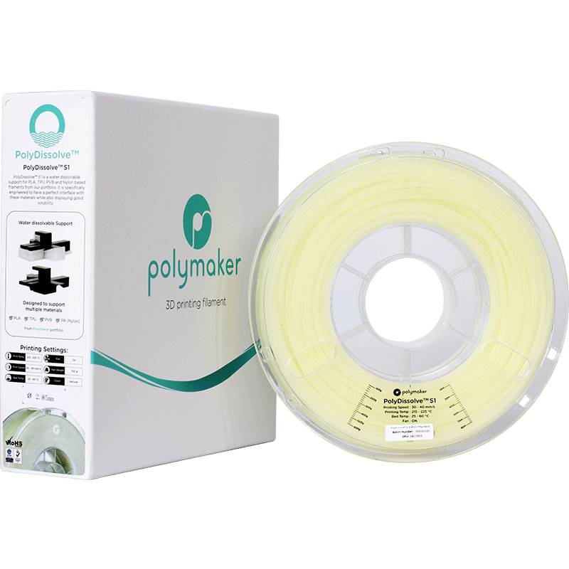 Un emballage et un rouleau de PolyDissolve™ S1, un filament d'impression 3D hydrosoluble de Polymaker.