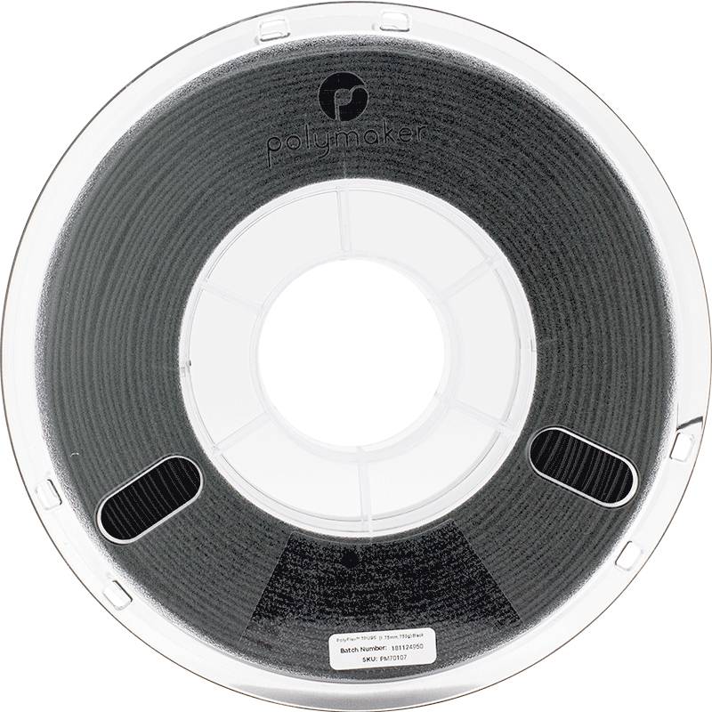 Bobine de filament Polymaker avec matériau d'impression 3D gris foncé. Le marquage de la marque et l'étiquette d'identification du modèle sont visibles.