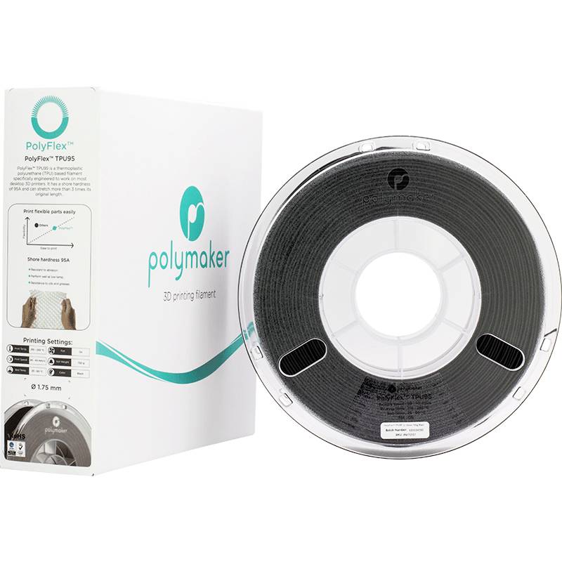 Un rouleau de filament noir pour imprimante 3D devant un emballage portant l'inscription « Polymaker PolyFlex TPU95 ».