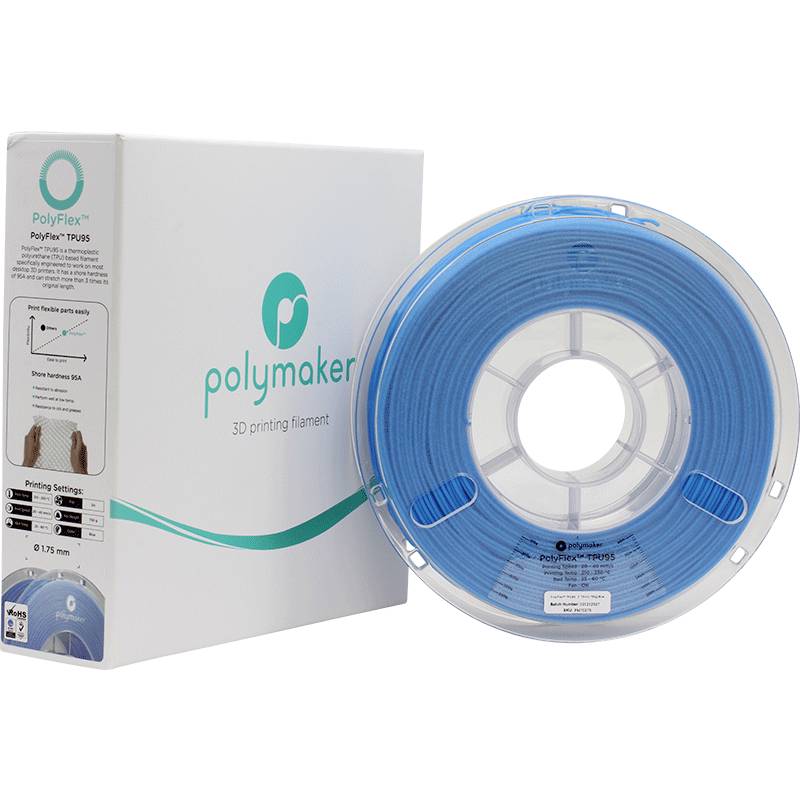 Une boîte et un rouleau de filament d'imprimante 3D PolyFlex de Polymaker en bleu, idéal pour des impressions flexibles et précises.