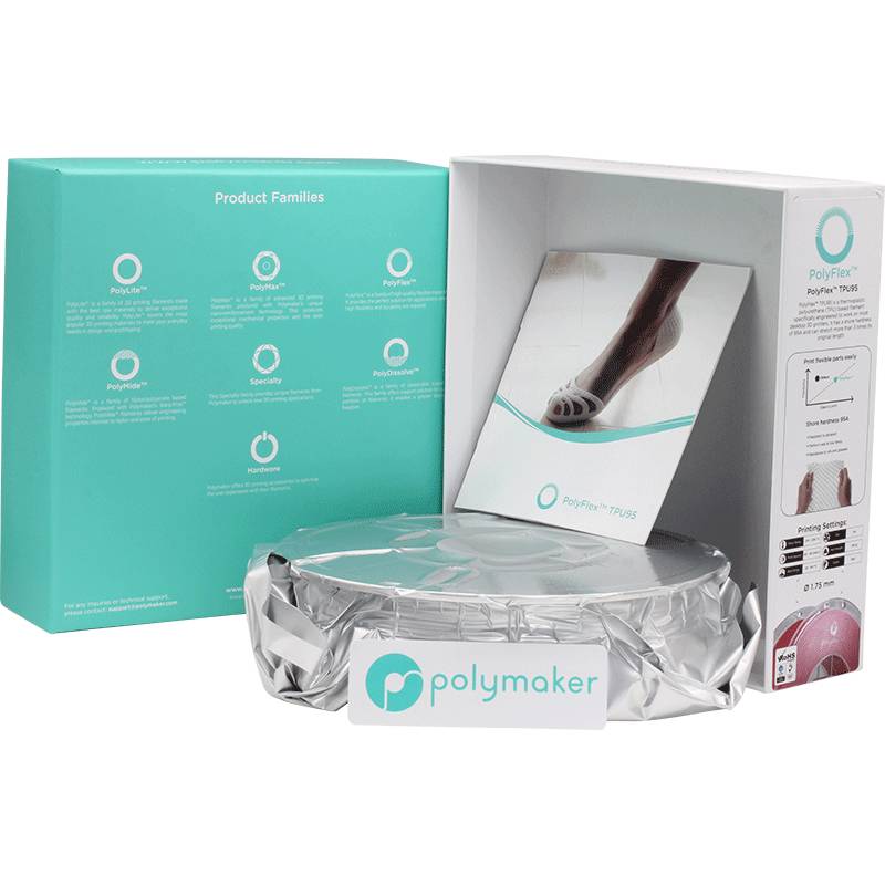 Une boîte de filament d'impression 3D de Polymaker. Sur l'emballage est illustré un pied posé sur une pile de bobines de filament.