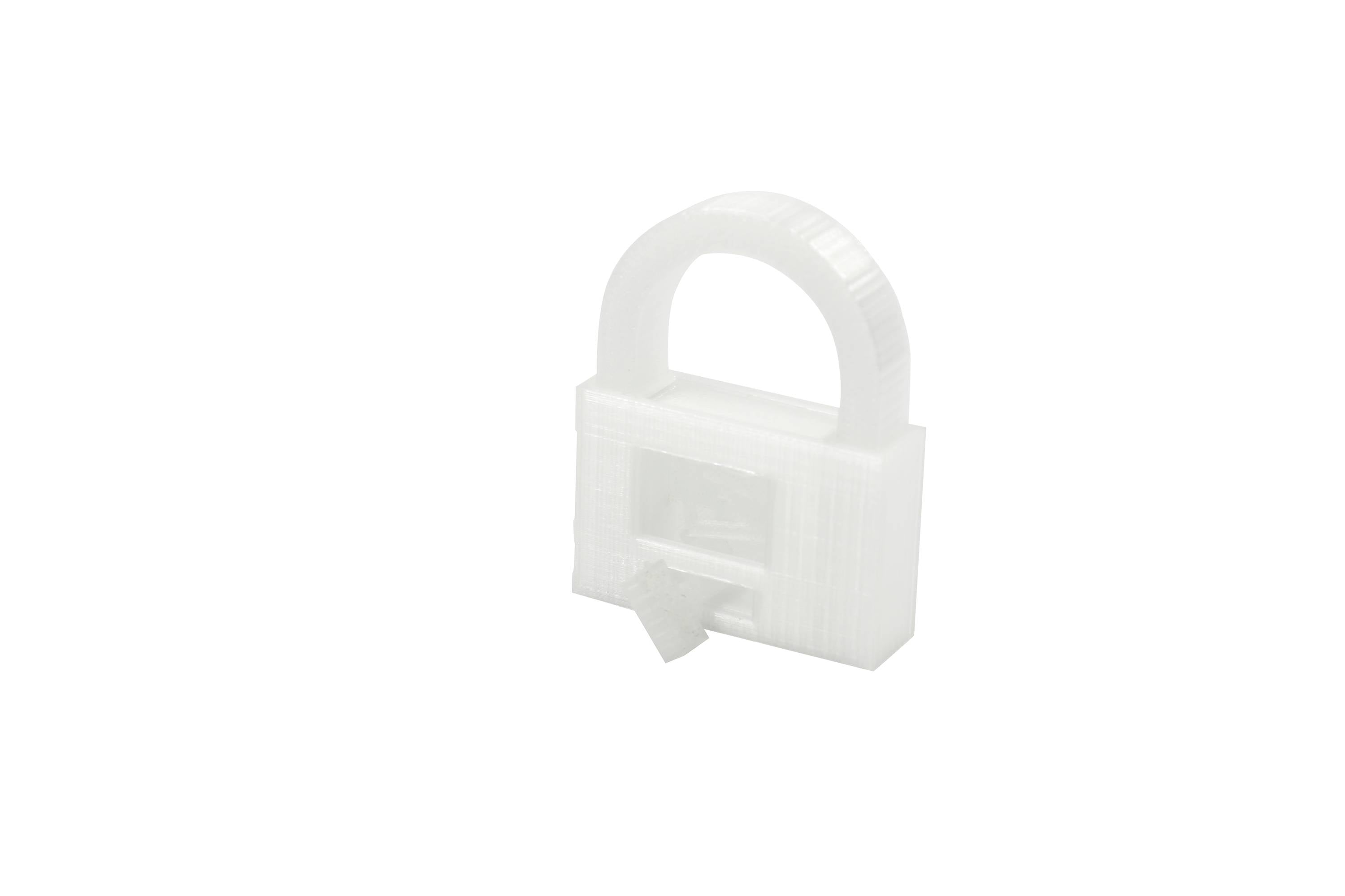 Un cadenas semi-transparent en plastique blanc sur un fond blanc.