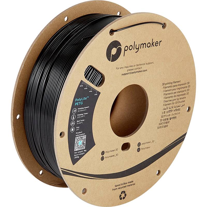 Une bobine brune de filament PETG noir de Polymaker pour imprimante 3D. Contient un code QR et des informations de contact sur l'étiquette.