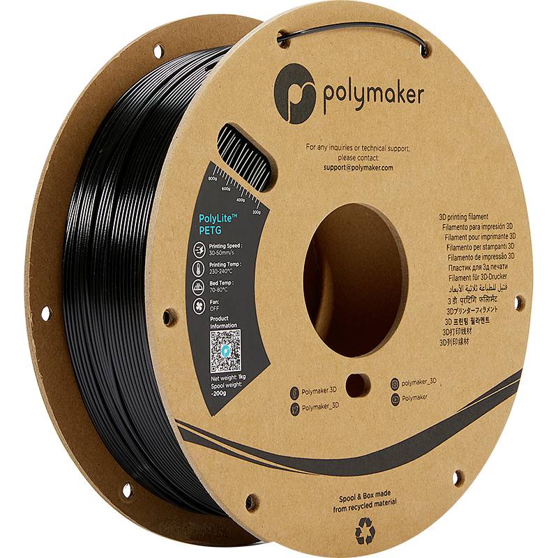 Bobine de filament noir pour imprimante 3D de Polymaker, matériau PETG, diamètre de 1,75 mm, sur support en carton avec logos et caractéristiques techniques.