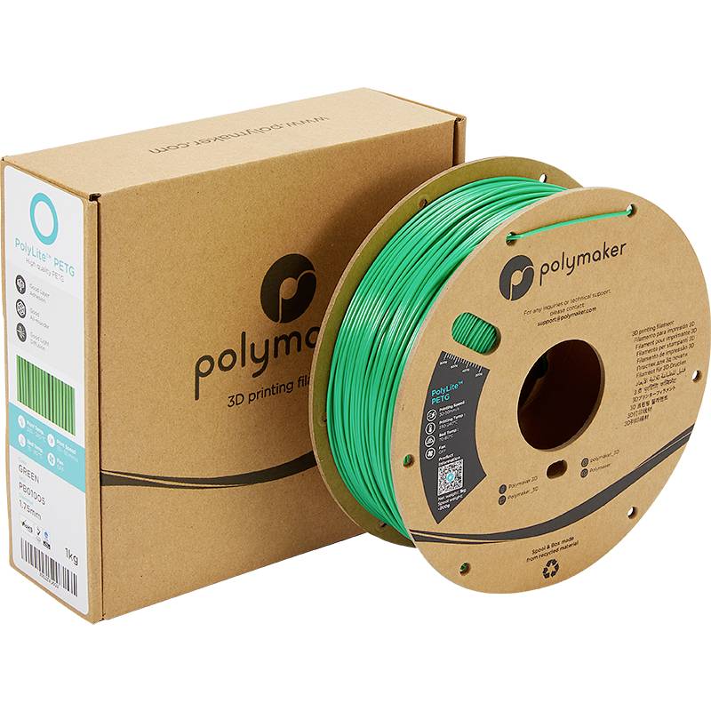 Bobine de filament vert pour imprimante 3D et son emballage assorti avec le logo Polymaker PETG, adapté à l'impression 3D.
