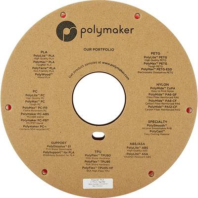 Une bobine de plastique marron portant le logo 'Polymaker'. Contient du texte sur les types de filaments tels que PLA, PETG, Nylon, TPU et leurs applications.