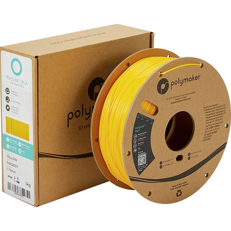 Rouleau de filament PLA jaune à côté de son emballage Polymaker assorti, adapté à l'impression 3D, diamètre de 1,75 mm, 1 kg.