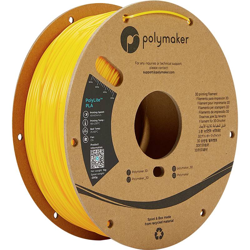 Bobine jaune de filament d'imprimante 3D de Polymaker. L'étiquette contient des détails sur le type de matériau PLA, un code QR et des informations de contact.
