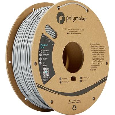 Bobine de filament pour imprimante 3D de Polymaker ; filament PLA gris, 1 kg, avec informations de contact et consignes de sécurité sur l'emballage.