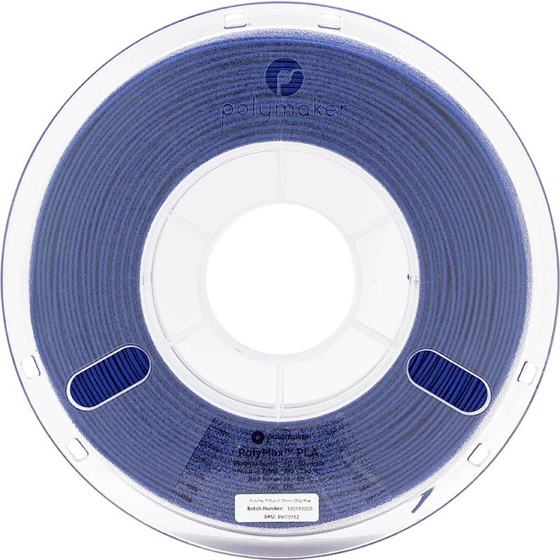 Une bobine de filament PLA bleu de Polymaker, visible à travers un couvercle transparent en plastique.